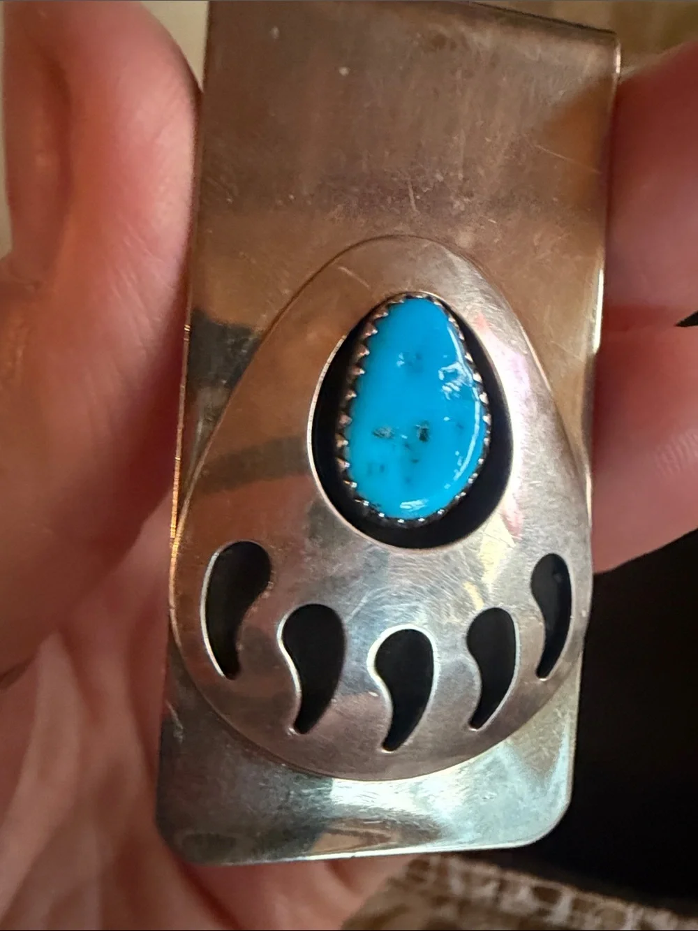 Silver turquoise bear claw money clip Navajo Native American